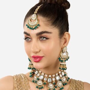 Poojavi Green Meenakari Bridal Kundan Choker Necklace Earring & Maangtikka Set For Women