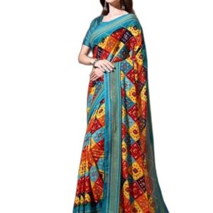 Printed Bandhani Georgette Saree (Light Blue, Multicolor)