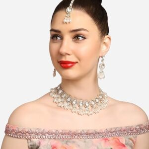 Poojavi Gold Tone Austrian Diamonds Artificial Stones & Beads Bridal Choker Necklace Earring & Maangtikka Set For Women