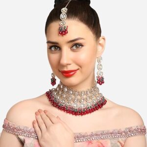 Poojavi Rani Pink & Green Crystal Artificial Stones & Beads Cluster Beads Drop Bridal Necklace Earring & Maangtikka Set For Women