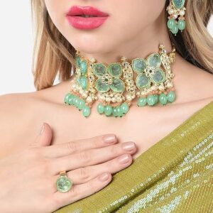 Poojavi Green & Peach Stones & Beads Kundan Choker Necklace Earring & Ring Set For Women