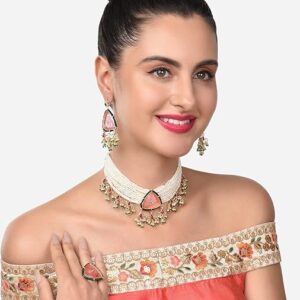 Poojavi Pink Stones & Green Beads Multistrand Pearls Choker Necklace Earring & Ring Set For Women