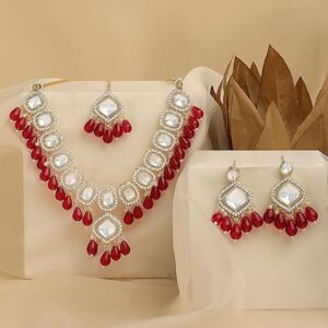 Poojavi ink Beads Drop Dazzling Stones Embellished Necklace Earring Maangtikka Set For Women