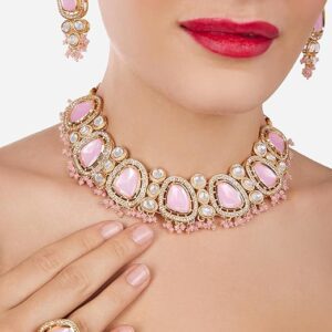 Poojavi  Pink Artificial Stones & Beads Choker Embellished Necklace Earring & Ring Set For Women