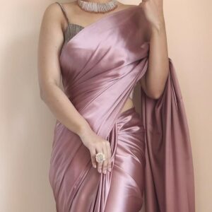 Poojavi Women's Ready to Wear Rose Gold Satin Silk 1 Minute Pre Pleated Saree with Unstitched Rose Gold Blouse