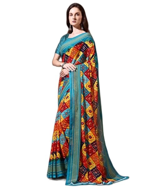 Printed Bandhani Georgette Saree (Light Blue, Multicolor)