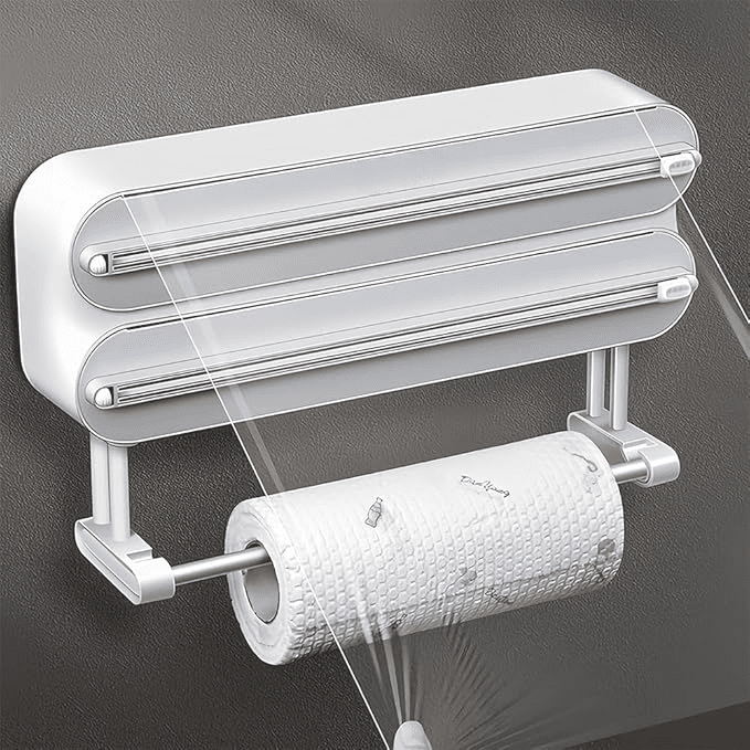 3-in-1 Foil Paper Cutter & Holder ? Magnetic Aluminum Foil, Plastic Wrap & Wax Paper Dispenser with Paper Towel Holder ? Kitchen Organizer (White)