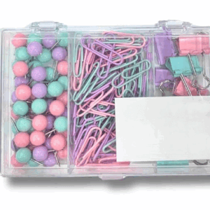 Stationery Set with 50 Push Pins, 8 Paper Clips, 80 Binder Clips in Pastel Pink, Purple, Mint Green Colors, 3 Compartments (A6P0)