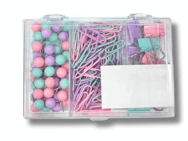 Stationery Set with 50 Push Pins, 8 Paper Clips, 80 Binder Clips in Pastel Pink, Purple, Mint Green Colors, 3 Compartments (A6P0)