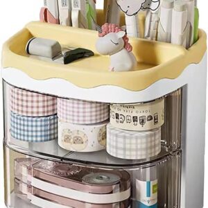 Countertop Pen Holder Plastic Stationery Storage Box With Rotating Drawer Pen Holder Desktop Storage Large Capacity (Yellow)
