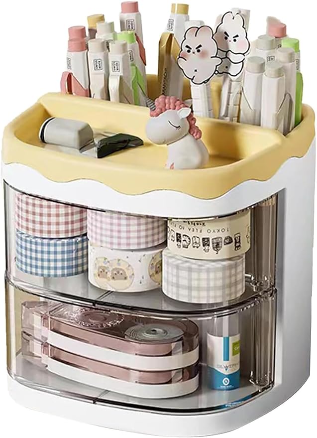 Countertop Pen Holder Plastic Stationery Storage Box With Rotating Drawer Pen Holder Desktop Storage Large Capacity (Yellow)