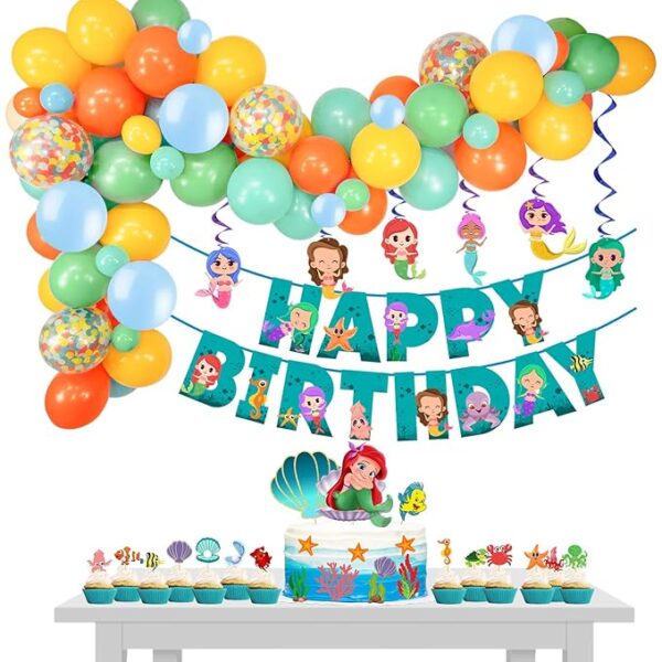Mermaid Theme Birthday Decoration - 83 Pcs, For Girls, Kids | Mermaid Metallic Balloons, Cake Topper, Swirls | Ariel Theme Party Decoration | Birthday Banner(Cardstock)