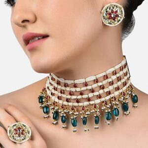 Poojavi Pink Kundan & Green Beads Choker Necklace Earring & Ring Set For Women