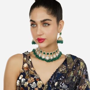 Poojavi Green Stones Cluster Beads Drop Austrian Diamonds Embellished Choker Necklace & Earring Set For Women
