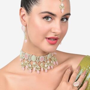 Poojavi Pink Green Stones Beads Kundan Necklace Earring Ring & Maangtikka Set For Women