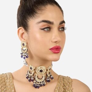 Poojavi Purple Stones Multistrand Beaded Kundan Choker Necklace & Earring Set For Women