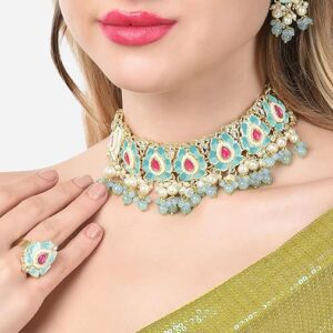 Poojavi Pink & Green Lotus Design Meenakari Choker Necklace Earring & Ring Set For Women