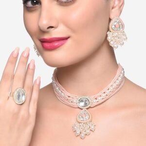 Poojavi  Peach Multistrand Beaded Kundan Cluster Choker Necklace Earring & Ring Set For Women