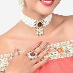 Poojavi Wine Stone Multistrand Pearls Kundan Choker Necklace Earring Ring Set For Women