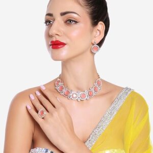 Poojavi Peach Kundan & Austrian Diamonds Choker Necklace Earring & Ring Set For Women