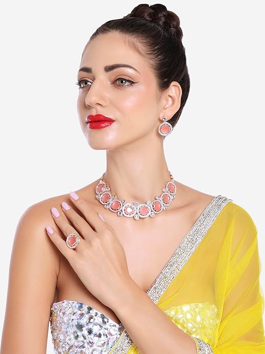 Poojavi Peach Kundan & Austrian Diamonds Choker Necklace Earring & Ring Set For Women