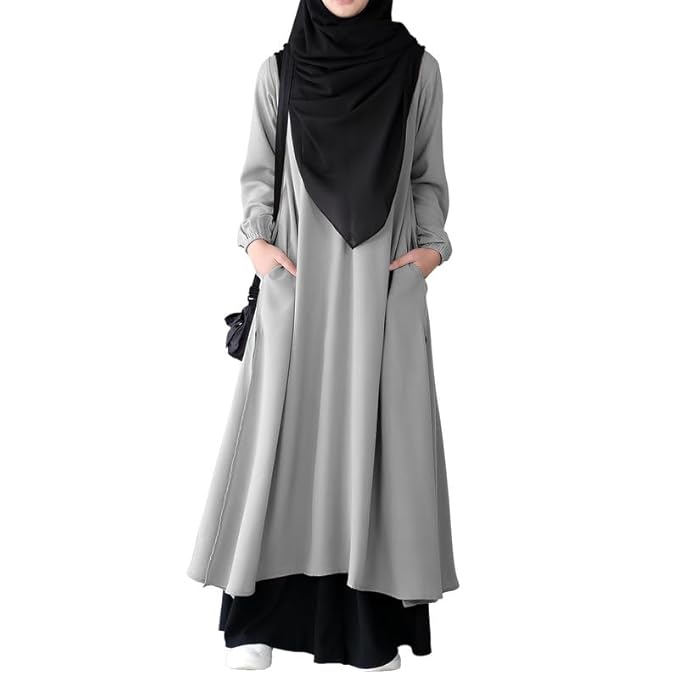 Poojavi Two Pieces Abaya Dress with Elasticated Sleeves made with Nida Matte Fabric - Knee length Burqa for Women and Girls