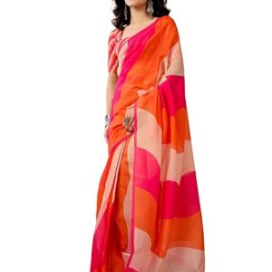 Poojavi Women's Chanderi Cotton Printed Ready To Wear One Minute Pre Stitched Saree with Unstitched Blouse Piece