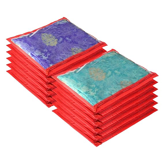 Clothes Organizer For Wardrobe (Pack of 12) - Single Storage Organizer For Saree | Salwar Suit | Lehenga | Clothes - Dress Organizer For Wardrobe - Single Saree Covers With Zip (Red)