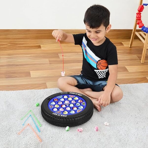 Musical Board Fish Game with Rotating Pond | 21 Pieces | Birthday Return Gifts for Kids | Black & Blue
