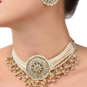 Poojavi Gold Tone Kundan & MultiStrand Pearls Choker Necklace & Earring Set For Women