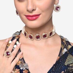 Poojavi Purple Multistrand Beaded Ethnic Choker Necklace Earring & Ring Set For Women