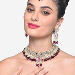 Poojavi Wine Colour Artificial Stone Beads Choker Necklace Earring Maangtikka Ring Set For Women