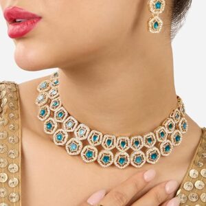 Poojavi urquoise Blue Stones Dazzling Austrian Diamonds Choker Necklace Earring & Ring Set For Women