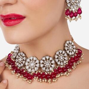 Poojavi Rani Pink Dazzling Kundan & Artificial Beads Necklace & Earring Set For Women