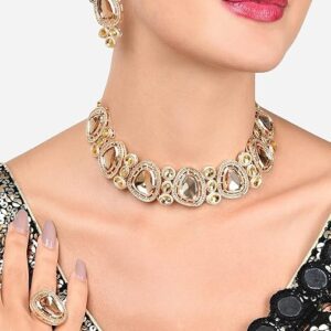 Poojavi Gold Tone Dazzling LCT Kundan & Austrian Diamonds Necklace Earring & Ring Set For Women