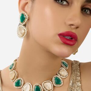 Poojavi Green Stones Mother of Pearls Embellished Choker Necklace & Earring Set For Women