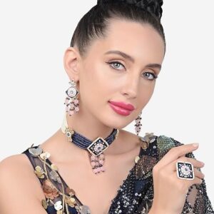 Poojavi Navy Blue Pink Meenakari Multistrand Kundan Choker Necklace Earring & Ring Set For Women