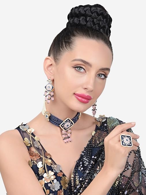 Poojavi Navy Blue Pink Meenakari Multistrand Kundan Choker Necklace Earring & Ring Set For Women