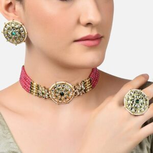 Poojavi Gold Tone Bridal Kundan Choker Necklace Earring Maangtikka & Ring Set For Women