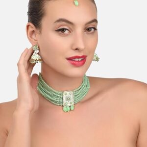 Poojavi Green White Meenakari Crystal Multistrand Necklace Earring & Maangtikka Set For Women