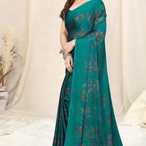 Poojavi Women's Stylish Chiffon Leaf Printed Saree with Blouse Piece