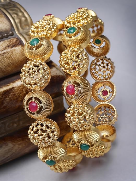 Gold Plated Red And Green Kada Bracelet Bangle Jewellery Set for Women & Girls