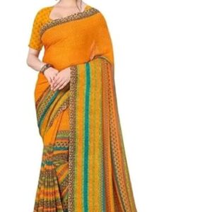 YELLOW Soft and Stylish Georgette Saree with Bold Print and Wedding-Ready Border