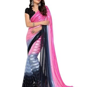 Women's Regular Fit Satin Striped Georgette Saree with Matching Blouse Piece | Stylish & Attractive | Fancy Saree for Parties, Weddings, Festivals