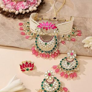 Poojavi Green & Pink Meenakari Lotus Multistrand Pearls Choker Necklace Earring & Ring Set For Women