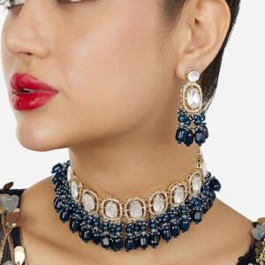 Poojavi Peacock Green Beads Austrian Diamonds Stones Choker Necklace & Earring Set For Women