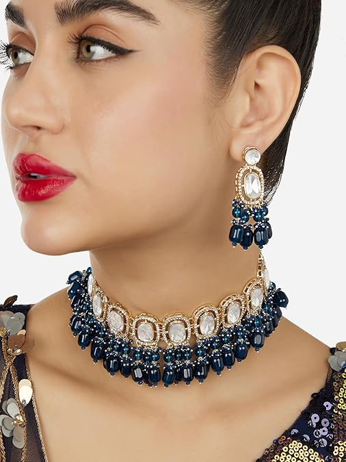 Poojavi Peacock Green Beads Austrian Diamonds Stones Choker Necklace & Earring Set For Women