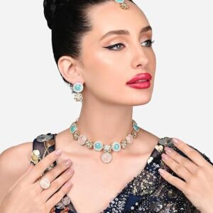 Poojavi Turquoise Blue Pink Kundan Flowers Necklace Earring Maangtikka Ring Set For Women
