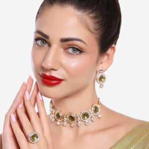 Poojavi Green Kundan & Austrain Diamonds Choker Necklace Earring & Ring Set For Women