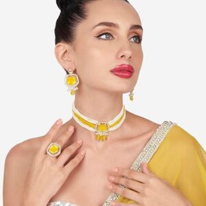 Poojavi Yellow Crystal Multistrand Choker Necklace Earring & Ring Set For Women